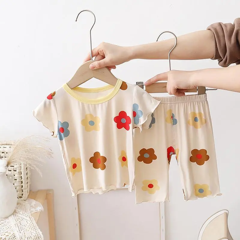 Bộ Đồ Bé Gái, Quần Áo Điều Hòa Mùa Hè, Đồ Ngủ Mềm Bằng Lụa Lạnh, Thích Hợp Cho Mùa Hè, Mỏng, Phong Cách Hàn Quốc, Ngắn Tay, Đồ Mặc Ở Nhà, Cho Bé Gái Và Trẻ Sơ Sinh