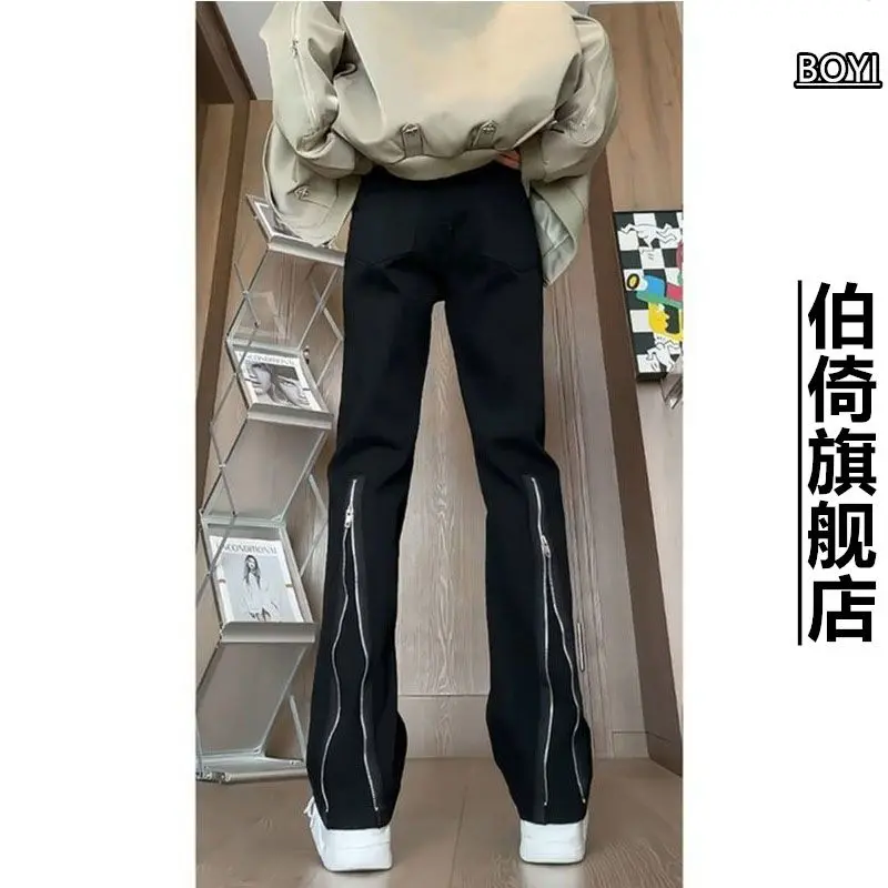 Quần Dài Jean Có Khóa Kéo, Màu Đen Thuần Khiết, Dành Cho Nam Giới, Phong Cách Đường Phố Cao Cấp Mỹ, Quần Vibe, Thiết Kế Độc Đáo Dáng Ôm, Quần Dài Bootcut Dễ Phối Đồ