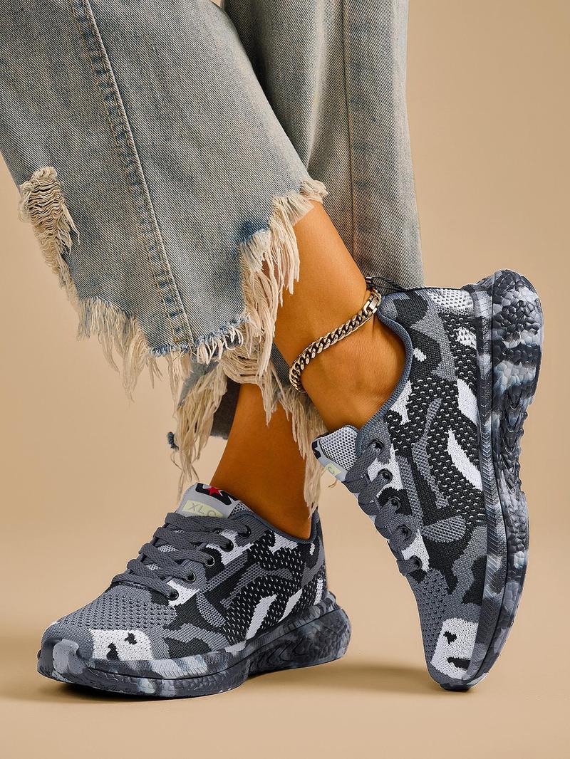 Product Introduction of Women's Fashionable Camo Print Lace up Low Top Sneakers, Casual Sporty Contrast Mesh Design Running Shoes, Trendy Breathable Comfortable Sports Shoes for Daily Wear 15