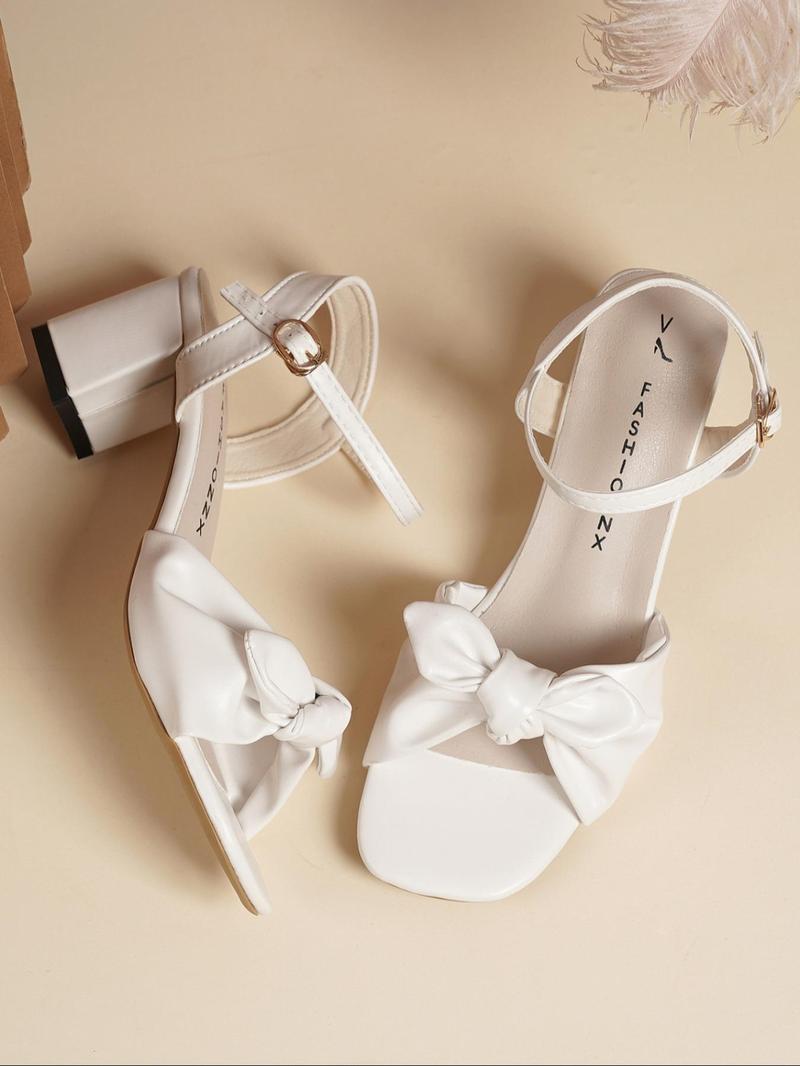 Product Introduction of Women's Elegant Bowknot Design Heeled Sandals, Trendy Minimalist Square Toe High Heel Sandals, Chic All-match Sandals for Women for Daily Wear, Shoe 3