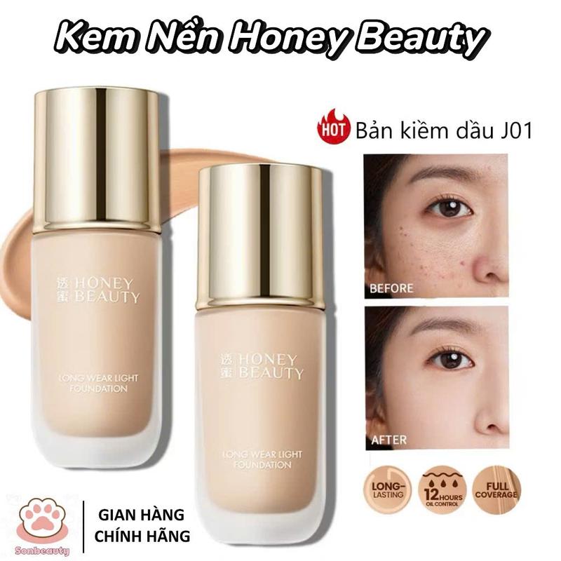 Tặng Kem Lót Mini+Bông Mút Kem Nền Honey Beauty Dạng Lỏng Kiểm Soát Dầu Lâu Trôi Chống Thấm Nước Mỏng Nhẹ