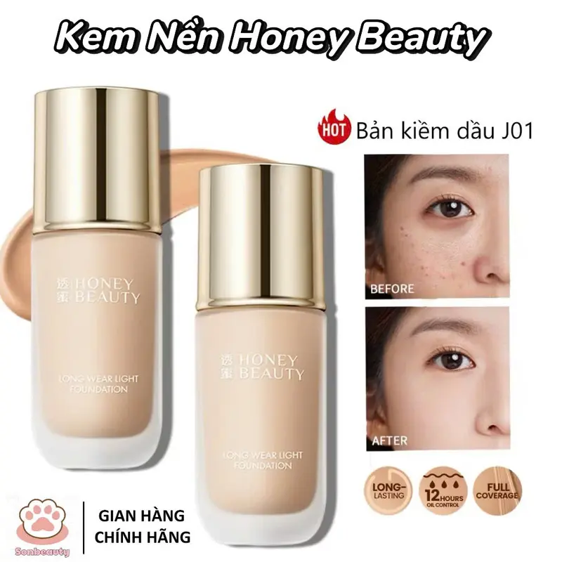 [Tặng Kem Lót Mini+Bông Mút] Kem Nền Honey Beauty Dạng Lỏng Kiểm Soát Dầu Lâu Trôi Chống Thấm Nước, Mỏng Nhẹ 0
