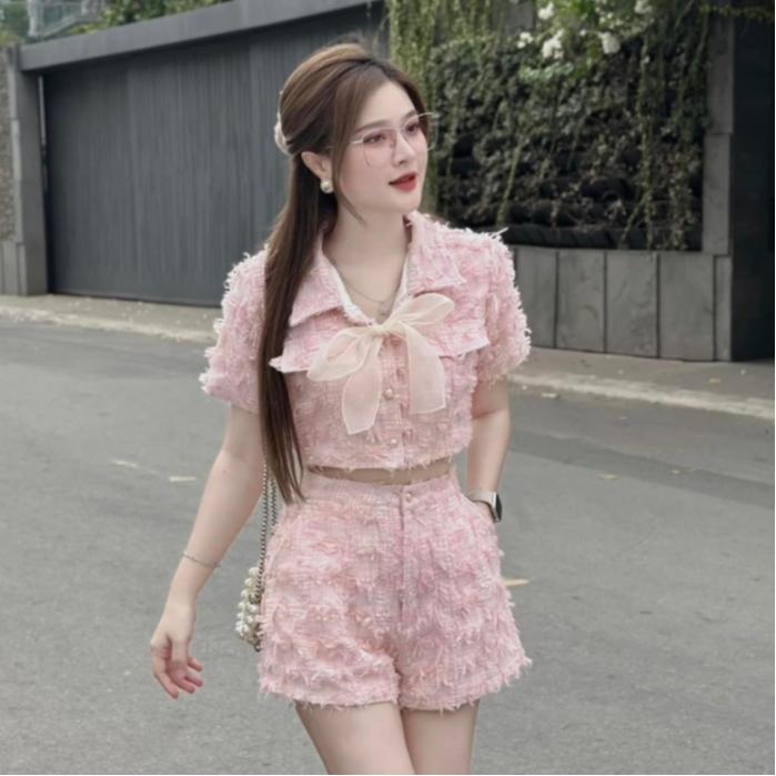 Set bộ nữ croptop dạ hồng hotrend kèm nơ tiểu thư - Hồng Phấn, chất liệu dạ lông, size S M 2