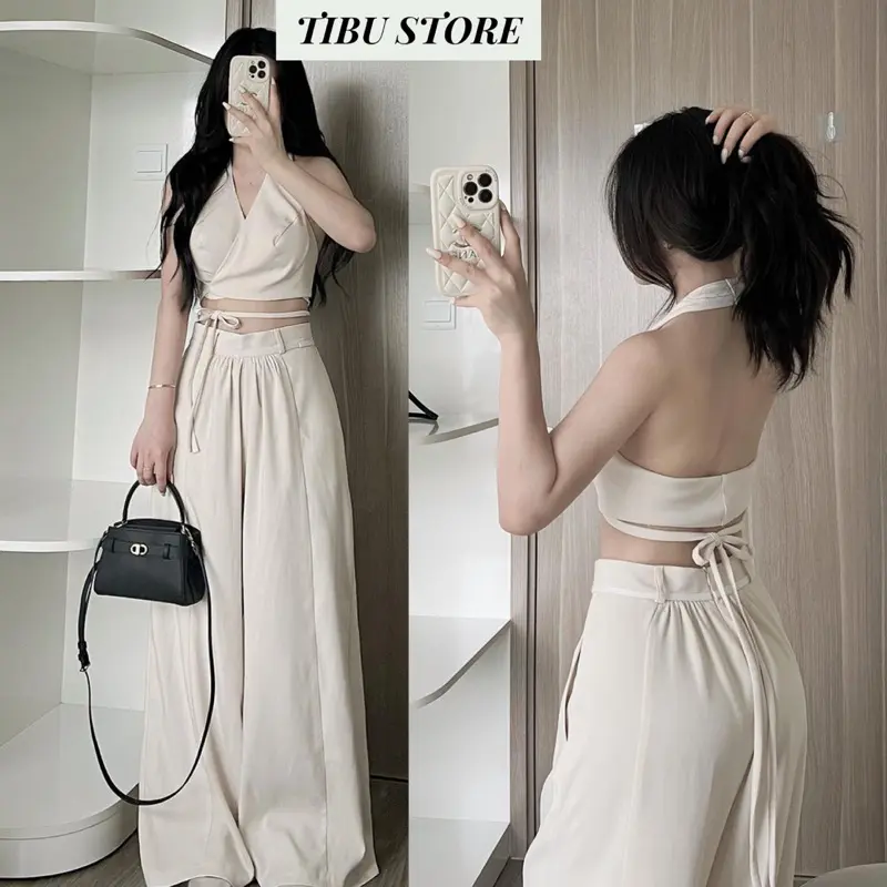 Set Áo Cổ Yếm Quây Cúp Ngực Đan Dây Trước Sau Mix Quần Ống Rộng TIBU Set Bộ Nữ Hở Lưng Hai Màu Đen Trắng Thanh Lịch Women Nhung