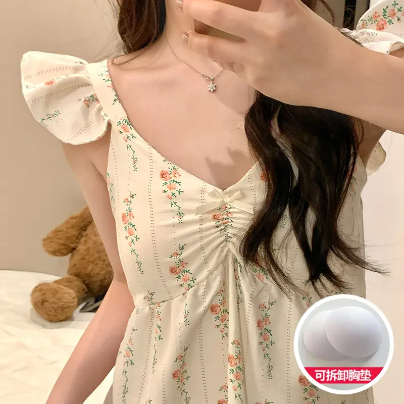 Women's Summer Nightdress with Chest Pads Sweet Floral Flutter Sleeves Sling Cotton Pure Cute Mid-Length Sleepwear Sensual Homewear