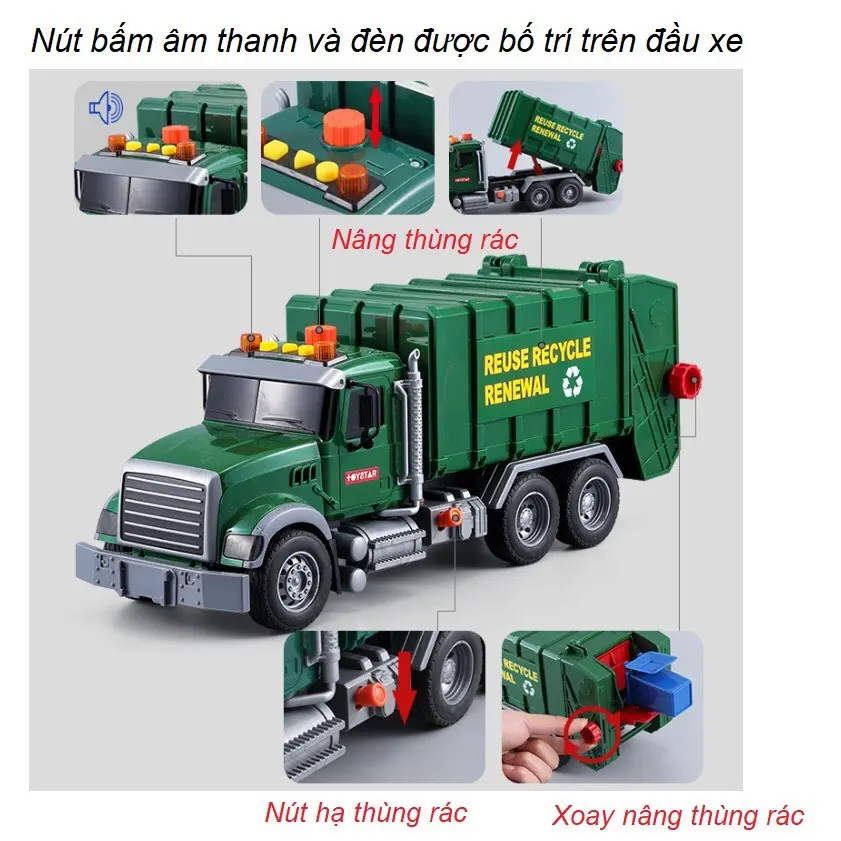Ô tô đồ chơi xe môi trường xe chở rác đồ chơi cỡ lớn cho bé có âm thanh đèn nâng thả như thật kèm 3 thùng rác Toy