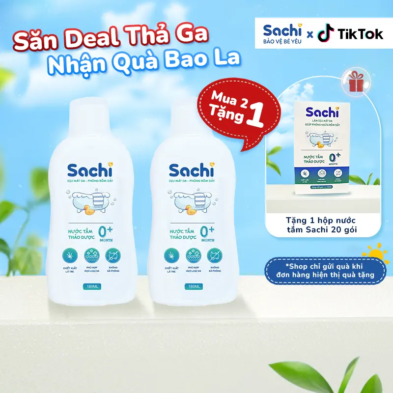 Combo 2 Nước Tắm Thảo Dược An Toàn Cho Bé SACHI Chai 180ml Làm Sạch Nhẹ Nhàng Diu Mát Da, Ngăn Ngừa Mảng Bám Da Đầu