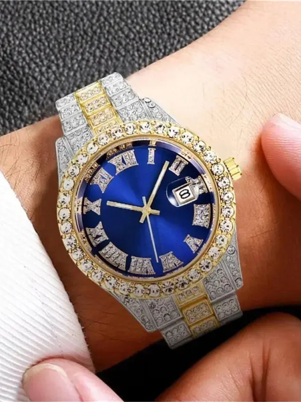 Men's Rhinestone Decorated Quartz Watch with Calendar Feature, Fashionable Round Dial Watch for Party, Daily Clothing Decor, Trendy All-match & Exquisite Watch for Birthday Gift with Box 4