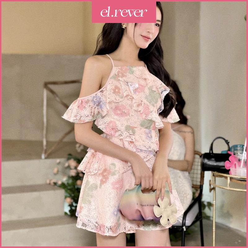ELRÊVER - Set áo ren dây kiểu yếm và chân váy quần - Màu hồng nhạt  - 0523S59