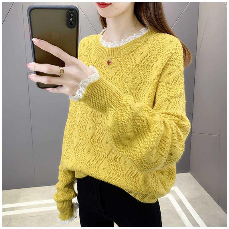 Áo len nữ cổ tròn dài tay pha ren 3