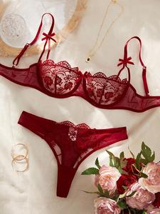 Conjunto de dos piezas para mujer con bordado floral y moño al frente, bra con varilla y braguita, bra push up con tirante ajustable y braguita, conjunto de lencería para mujer, atuendos de ropa para mujer