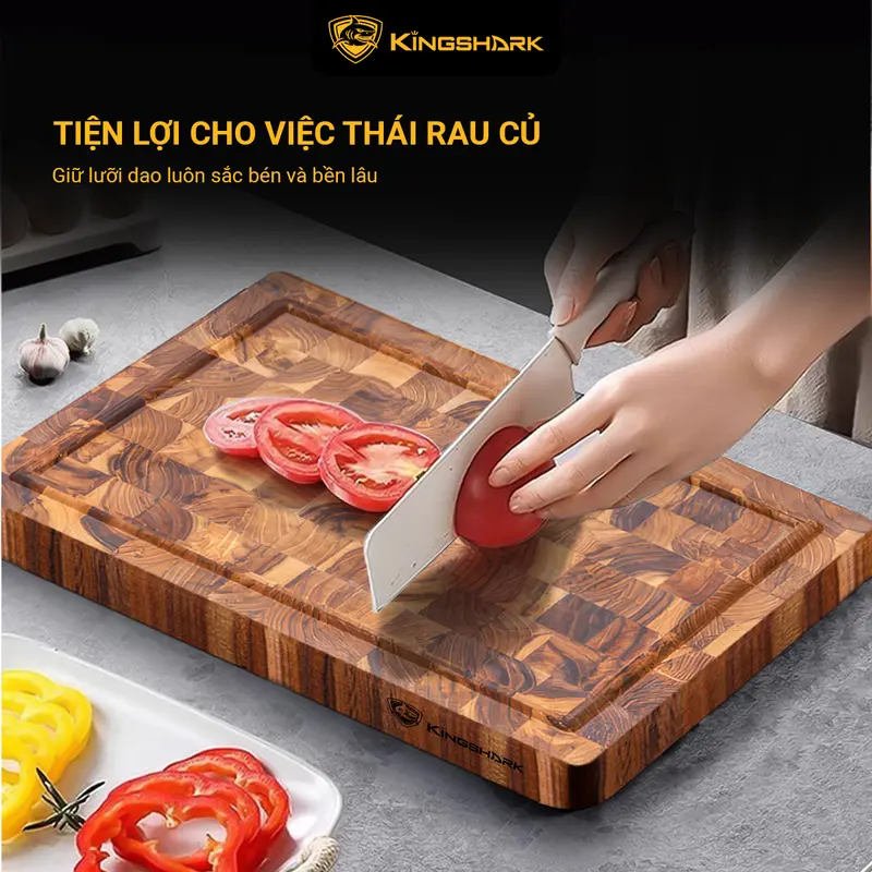 Thớt thái gỗ Teak Kingshark size 350x250x25mm cao cấp an toàn cho sức khỏe, hình chữ nhật 1