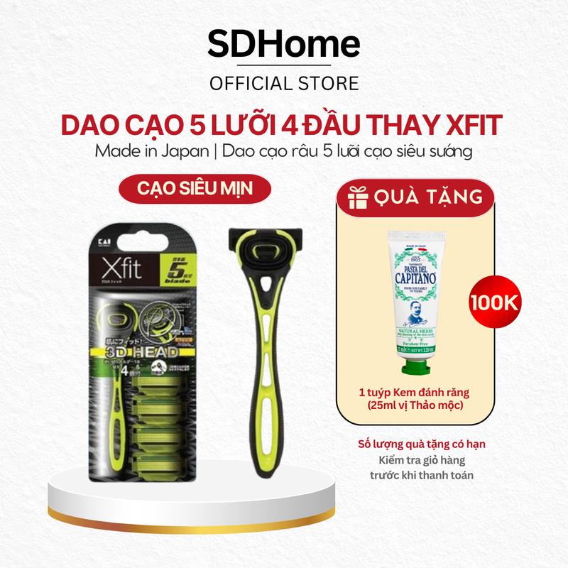 [MUA 1 TẶNG 1] Dao cạo râu cao cấp Nhật KAI Xfit 5 lưỡi màu xanh, hộp dài, 4 đầu thay thế, made in Japan