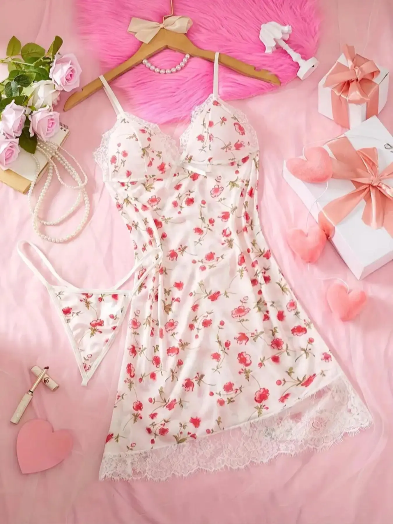 Women's Ditsy Floral Print Cami Nightdress & Thong Sexy Lingerie Set, Romantic Comfy Breathable Nightgown & Panty Set, Ladies Sleepwear for All Seasons