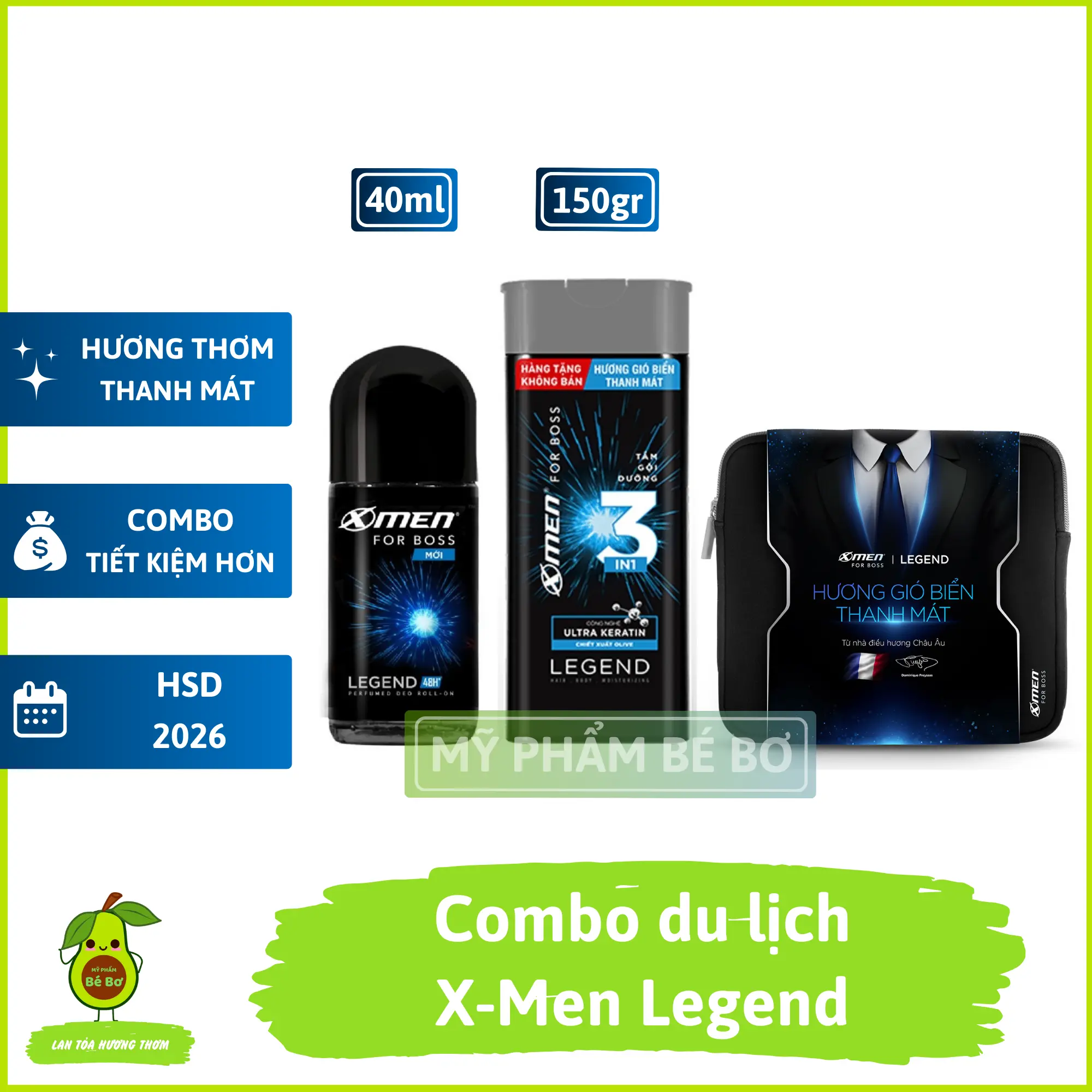 Bộ X-men Travel Kit - Combo lăn khử mùi Xmen dầu gội dưỡng tóc legend hương nước hoa nam kháng khuẩn ngăn mồ hôi nách