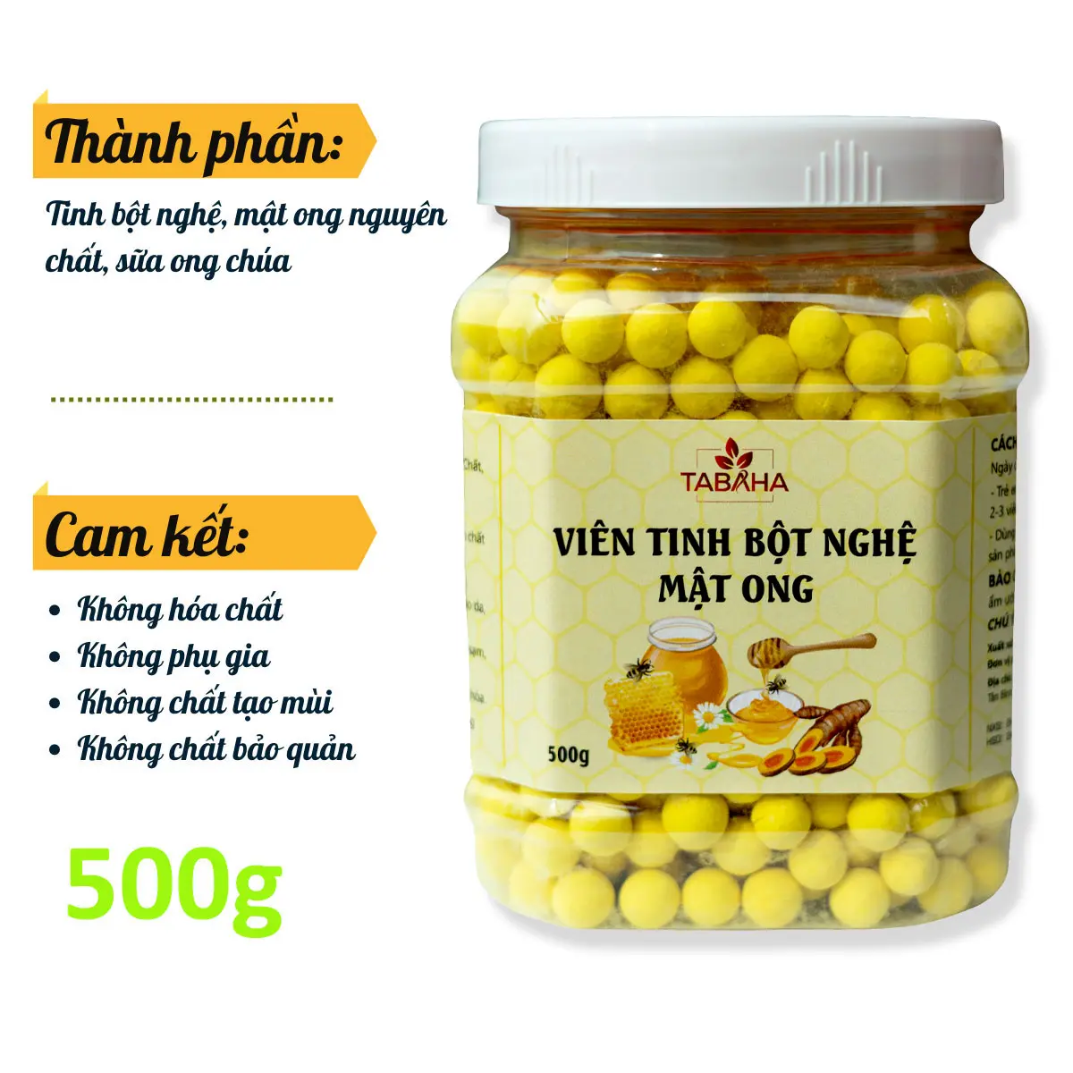 Viên tinh bột nghệ mật ong tabaha 500g Curcumin nguyên chất hỗ trợ dạ dày bao tử, đẹp da
