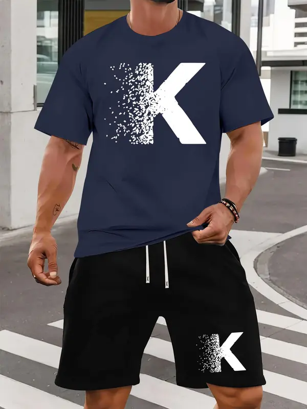 Two-piece Set Men's Letter Print Short Sleeve Tee & Shorts Set, Regular Fit Casual Round Neck T-shirt & Track Shorts, Summer Clothes Set for Men 5