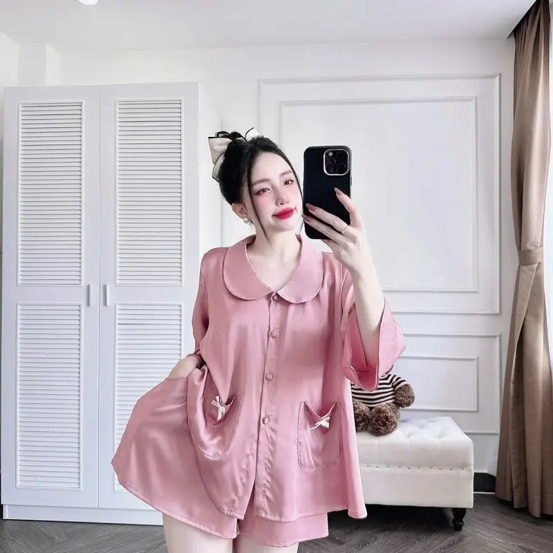Set Bộ Đồ Ngủ Bộ Mặc Nhà Tiểu Thư Cổ Sen 2 Túi Tay Lửng Lụa Tơ Tằm CC Dành Cho Nữ 40-75kg 5