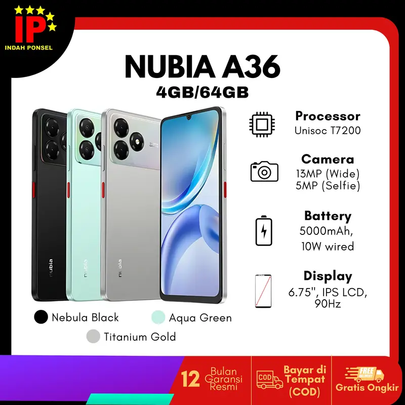 (Product Live) ZTE NUBIA A36 (4+8)GB/64GB Smartphone Kamera AI 13MP Garansi Resmi Nasional
