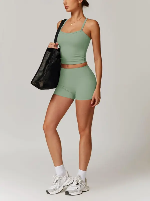 Women's Cami Top & Shorts Fitness Sportswear Set, Sporty High Stretch Sleeveless Top & Shorts, Ladies Sportswear for Outdoor Wear, Tracksuit for Women, Workout Sets Women, Gym Wear, Clothing, Activewear, Workout Running Clothes, Sporty Style Clothes 6