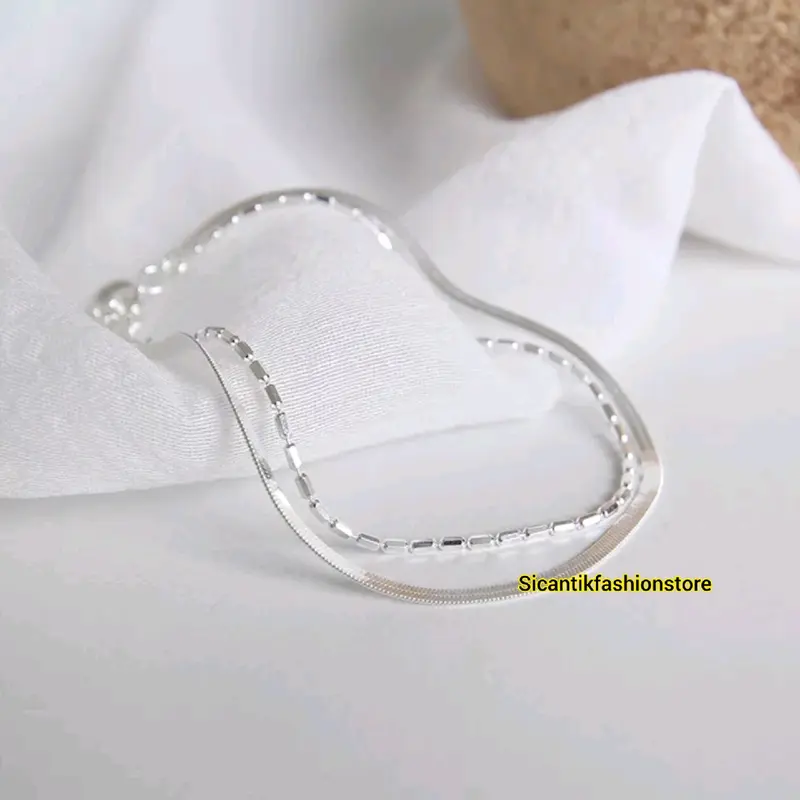 GELANG TITANIUM WANITA SILVER 2 LAYER TRENDING TERBARU ASLI TITANIUM ANTI KARAT SELAMANYA GELANG TITANIUM FASHION STYLE WANITA KOREA GELANG TANGAN GEPENG 2 LAYER Harian Perempuan Sukses Pria Bracelets 3
