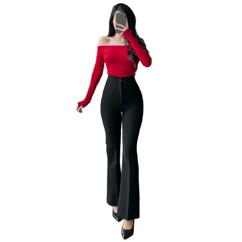 Quần Tây Nữ Ống Loe Không Túi 1 Nút Lưng Cao Qua Rốn From Eo Nhỏ Chất Mềm Không Giãn Màu Đen 40kg - 54kg Pants Women Women