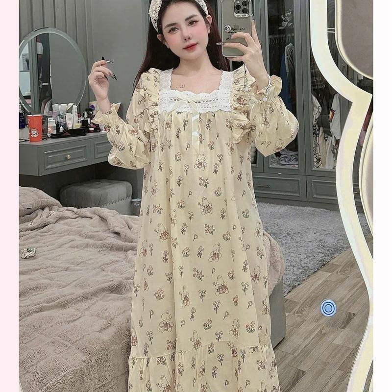 Váy ngủ mặc nhà đầm dáng dài cổ bèo tay dài  tiểu thư dễ thương kute chất đũi lạnh LANUTA Nữ 8