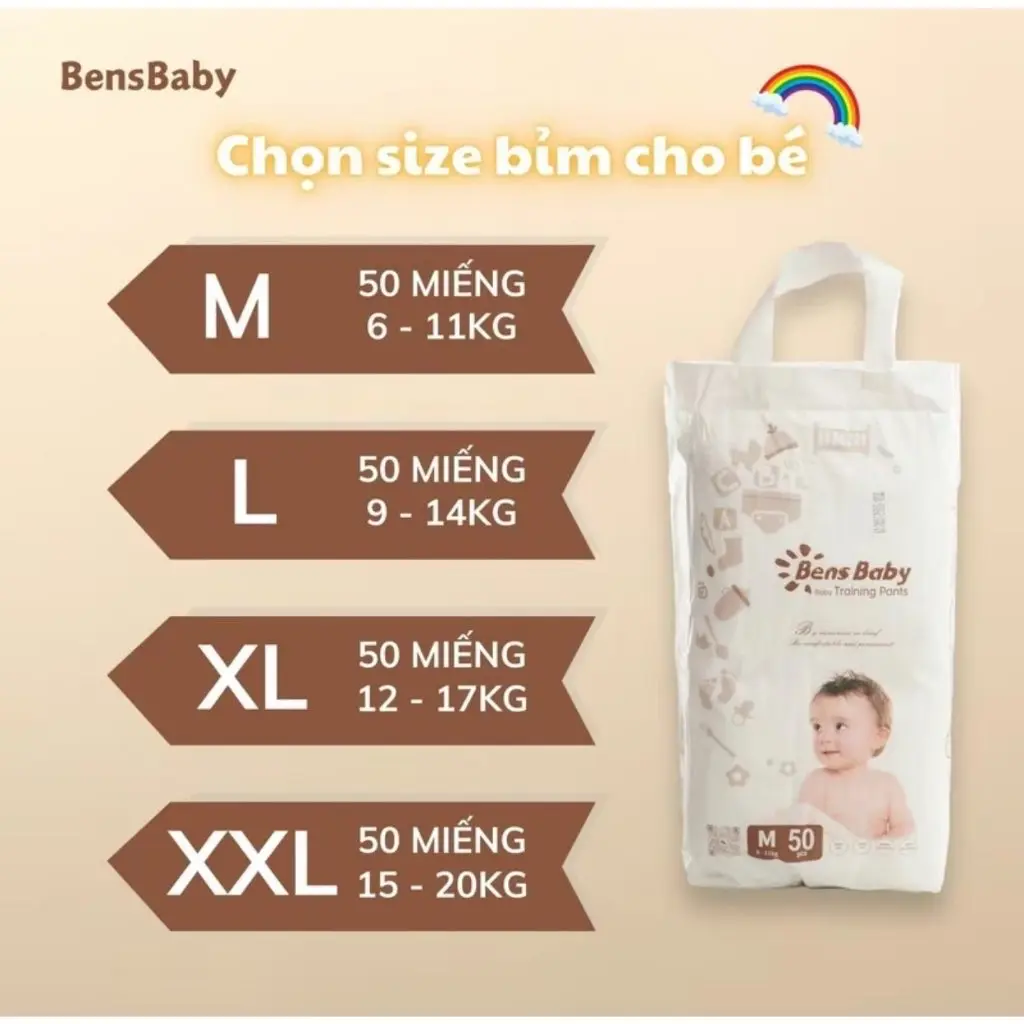 Bỉm bens baby tã đa kích cước M -L-Xl- XXL