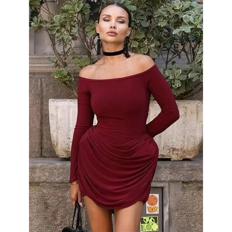 Sexy Celebrities Solid Color Patchwork Pleated Off Shoulder Mini Dresses Sexy Celebrities Solid Color Patchwork Pleated Off Shoulder Mini Dresses