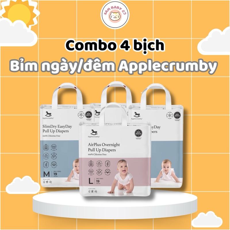 [COMBO 4 BỊCH] Tã bỉm APPLECRUMBY ngày/đêm Slimdry Easyday/Airplus Overnight mini thấm hút tốt siêu khô thoáng cho bé