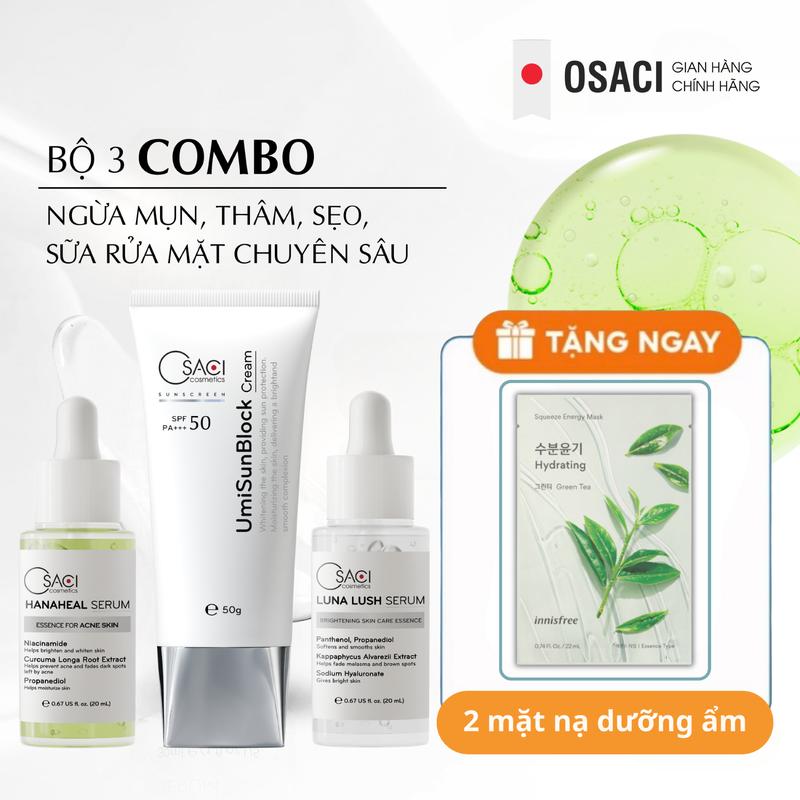  Combo bộ 3 hỗ trợ cải thiện mụn thâm sẹo Osaci Hana Heal 20 ml + serum dưỡng Luna Lush 20ml + kem chống nắng UmiSunBlock Cream Skincare 