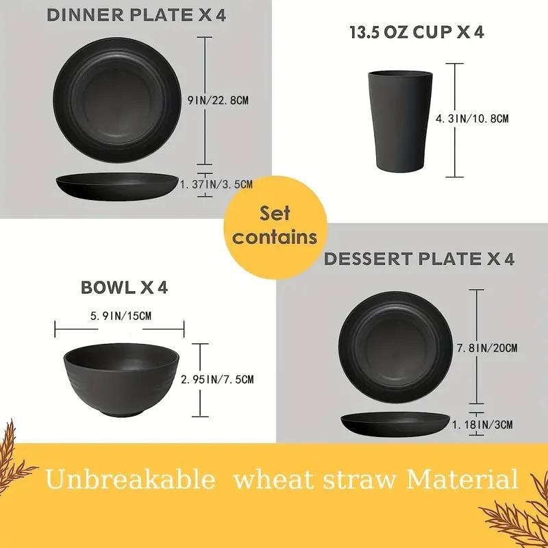 Unbreakable Wheat Straw Dinnerware Set, 16pcs Tableware Set, Including Dinner Plates*8, Bowl*4, Cup*4, Microwave & Dishwasher Safe BBQ Plates & Bowls Set, Father's Day Gifts 2