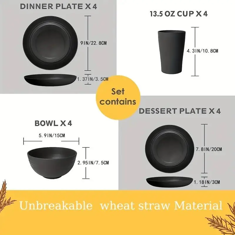 Unbreakable Wheat Straw Dinnerware Set, 16pcs Tableware Set, Including Dinner Plates*8, Bowl*4, Cup*4, Microwave & Dishwasher Safe BBQ Plates & Bowls Set, Father's Day Gifts 2