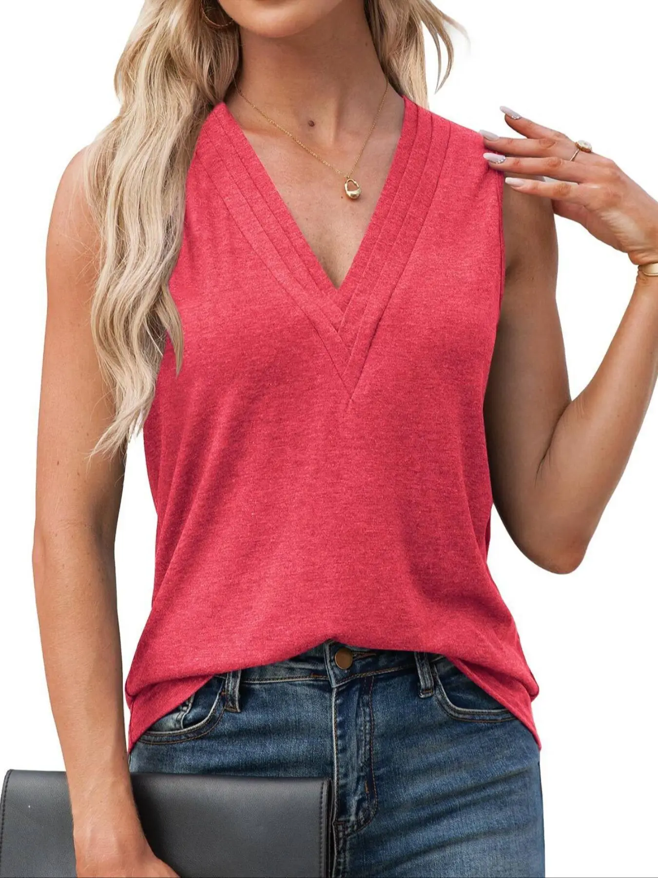 Women's Solid V Neck Tank Top, Casual Sleeveless Top for Summer, Ladies Clothes for Daily Wear