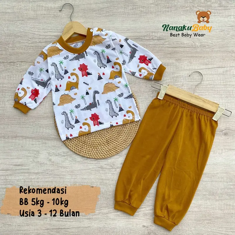 Nanaku Baby - Setelan Baju Bayi Setelan Piyama Bayi Usia 3-12 Bulan Setelan Lengan Panjang Kancing Pundak Motif Tirex 4