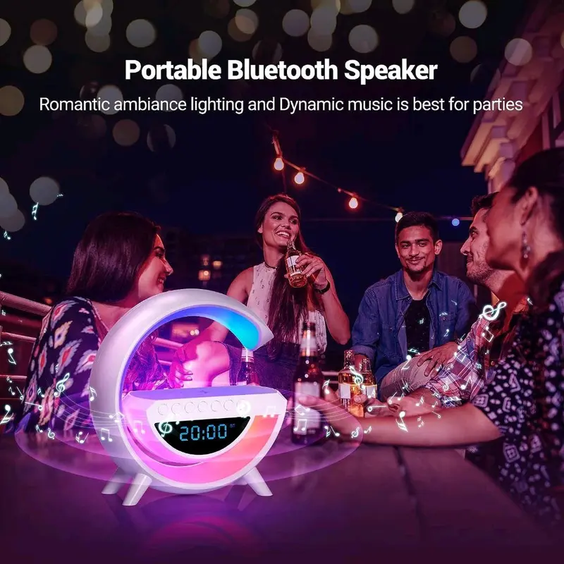 Speaker Bluetooth Lampu Multifungsi Ambient Seven Colour Light Pengisi Daya Nirkabel 15W + Jam Meja Alarm Digital 2