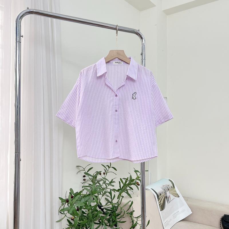 Áo Croptop Sơ Mi Nữ Dáng Lửng Kẻ Sọc Pastel Thêu Thỏ Xinh Freesize Form Vừa Chất Cotton Đũi Nữ Women