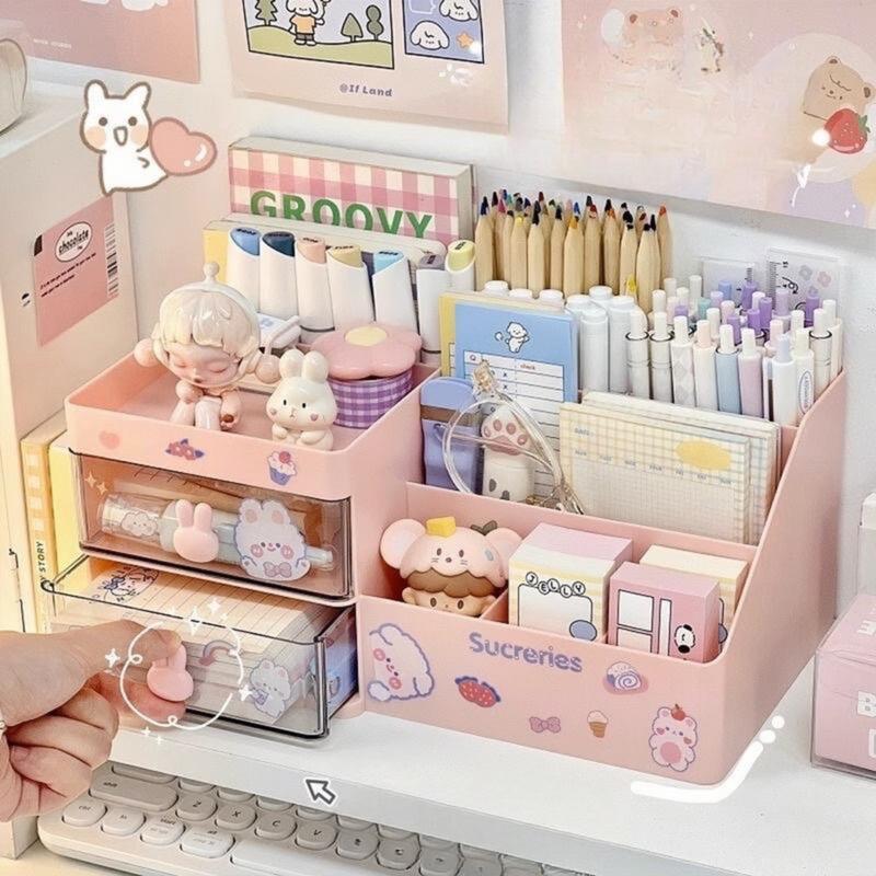 Hộp đựng bút để bàn học văn phòng phẩm chia ngăn kéo decor trang trí Tặng Kèm Sticker dán trang trí