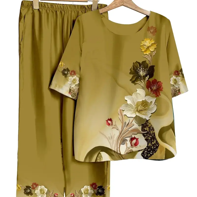 ĐỒ BỘ TRUNG NIÊN cao cấp Nữ Women Voi Áo Top Polo Sen Kem Hoa Sen Quần Ngủ Áo ngủ Pijama do bo nu kiểu đẹp 3