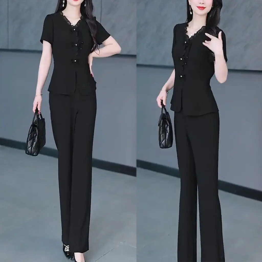 Bộ Đồ Hai Mảnh Thời Trang, Phong Cách Thanh Lịch Và Mỏng, Phong Cách Dân Tộc, Nút Ếch, Áo ngắn Tay, Quần Dài Ống Chuông, Thường Ngày, Dành Cho Nữ, Hàng Mới Về Mùa Hè 2024