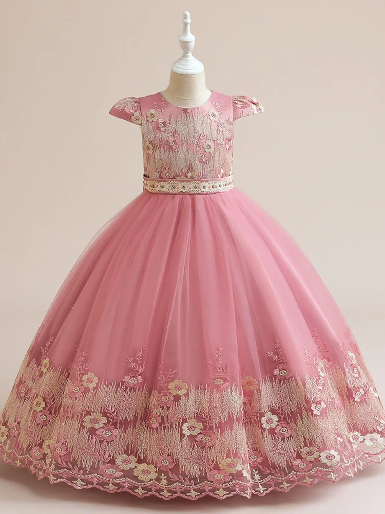 Flower Embroidery Tulle   Dress, Elegant  Round Neck Dress for Party Wedding Guest, Kids Clothes for All Seasons
