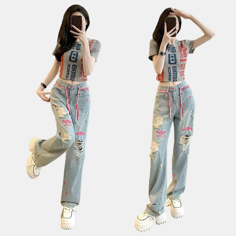  Moli Jeans - Quần Jean Nữ Quần Suông Ống Rộng Thêu Chữ Hồng Kèm Dây 55-90kg 0049 Denim Pants quần jeans nơ Women Ong Kem quần jean nơ hồng 