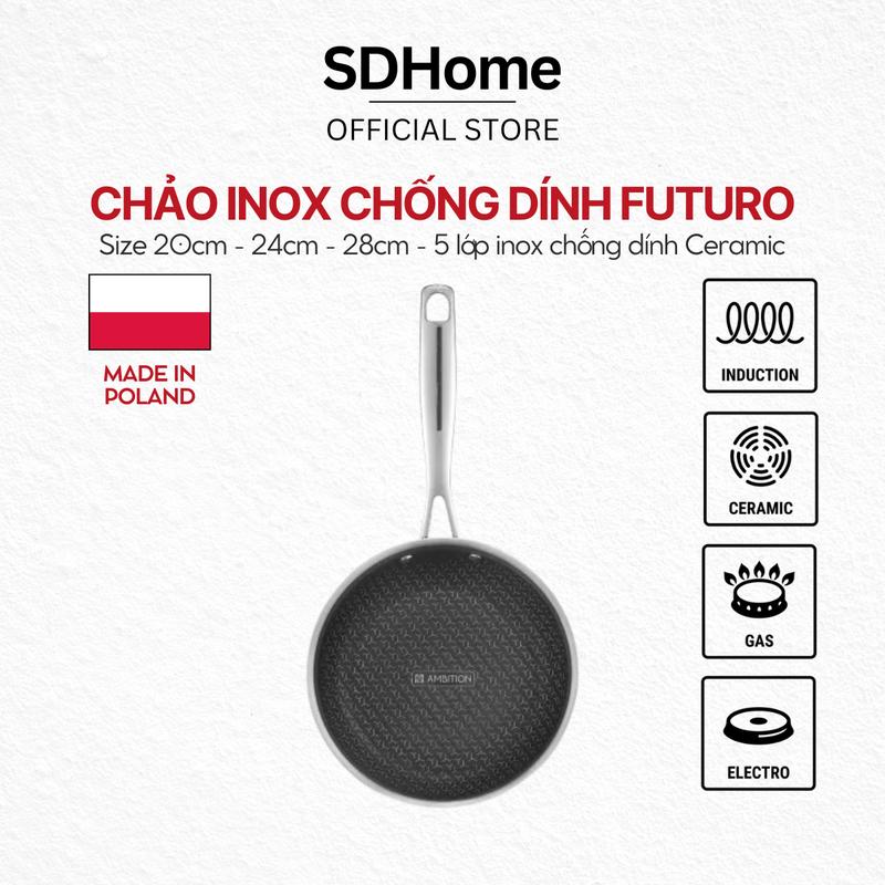  Chảo inox 5 lớp chống dính vân tổ ong Ambition Futuro 20cm - 24cm - 28cm chảo chiên nông cạn 