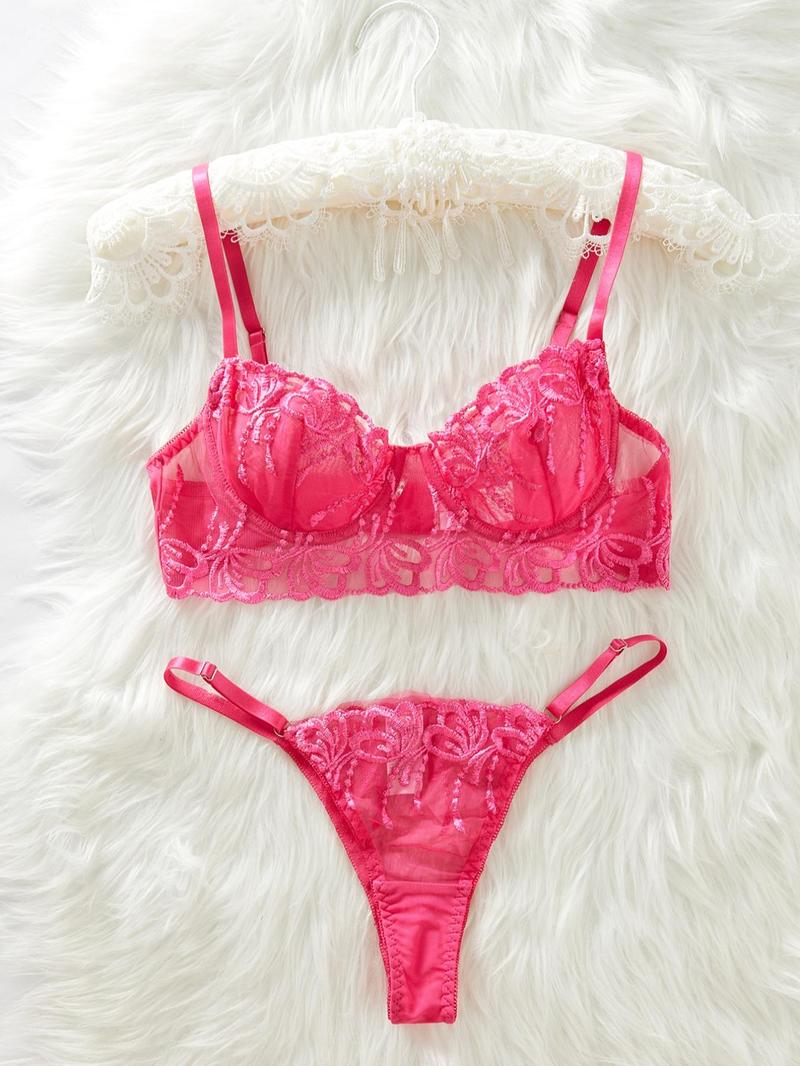 Product Introduction of Women's Solid Color Floral Embroidery Bra & Thong Two-piece Set, Sexy Cute Adjustable Strap Unlined Bra & Panty Set, Lingerie Set for Women 5