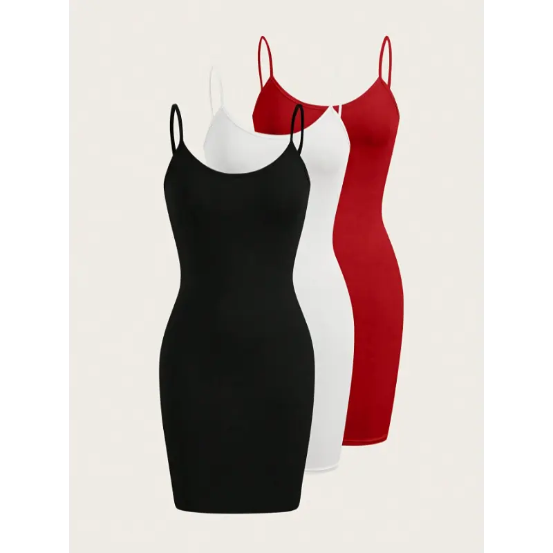 3pcs Super Basic Dress Set, Women's High Elastic Strap Cami Dress Three Piece