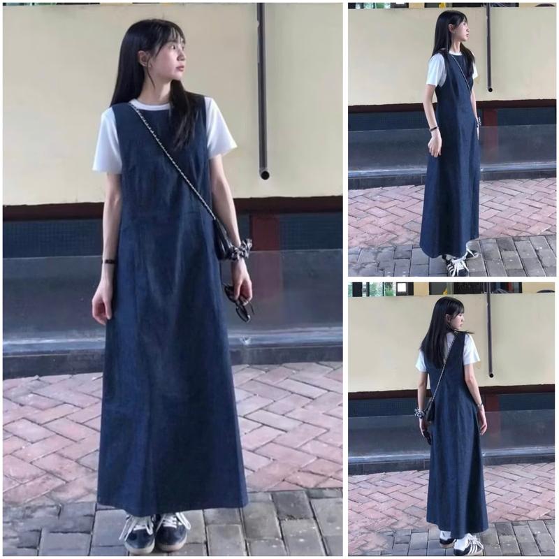Set Đồ Nữ Áo Thun Cổ Tròn Tay Cộc Phối Yếm Jean Sát Nách Dáng Dài Tone Màu Xanh Trắng Basic Trẻ Trung Women - ChickyStore