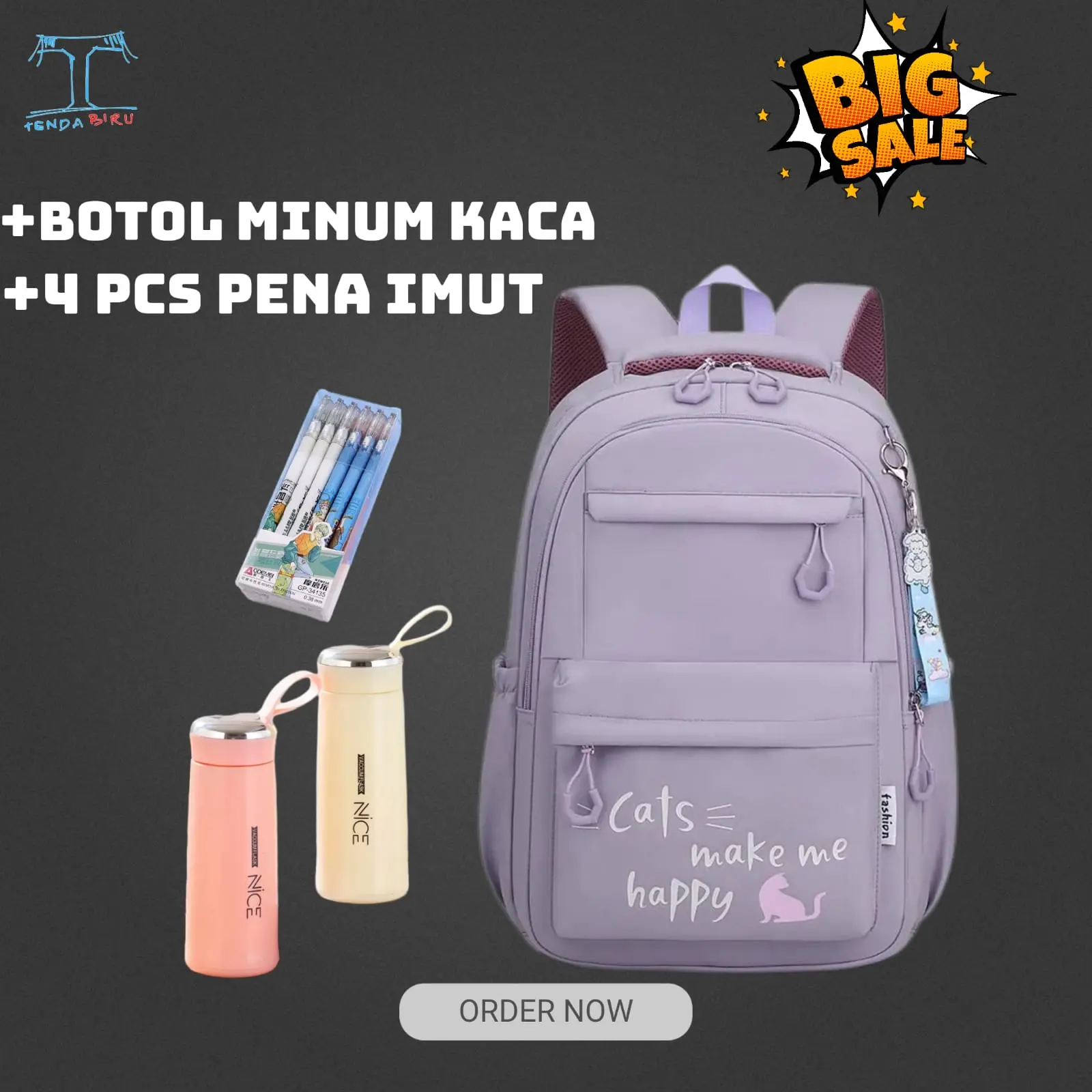 TERLARIS!!! Tas Anak SD SMP SMA Karakter Kucing Cats Make Korean Style Gratis Botol Minum Kaca Fashion