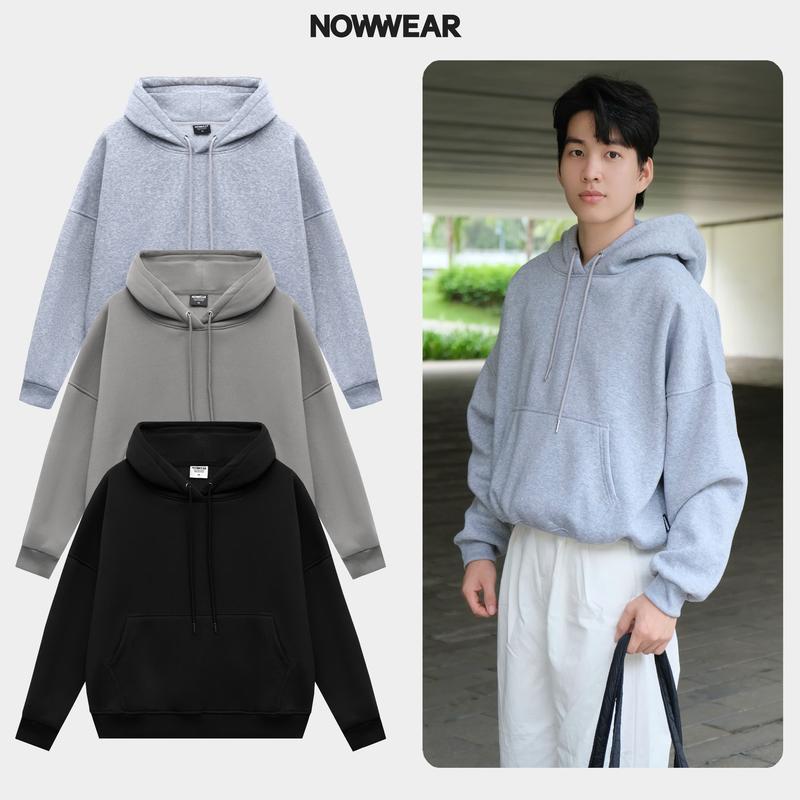 Xả Kho Áo khoác hoodie chui nỉ bông trơn form Boxy Nowwear Unisex Nam Nữ mũ 2 lớp Women Đen Menswear Dài Tay
