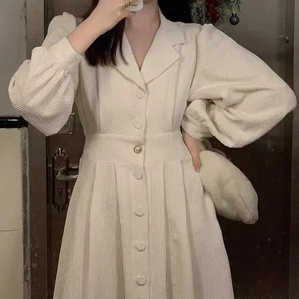 Dress Korduroi Wanita Musim Gugur Gaya Korea Baru Desain Kerah Rok Panjang Manis Biru Merah Midi Putih Casual Gaun Retro Sifon Pendek Mini 1