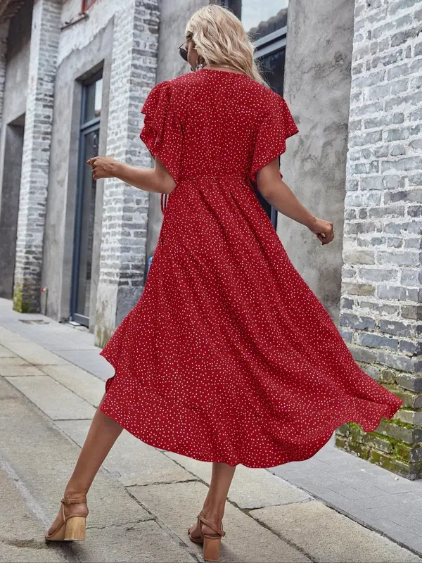 Women's Polka Dot Print Dress, Elegant Fashion Casual Ruffle Trim Midi Dress for Daily Outdoor Wear, Ladies Dress for All Seasons, Womenswear, Shortsleeve, Casual Dresses 1